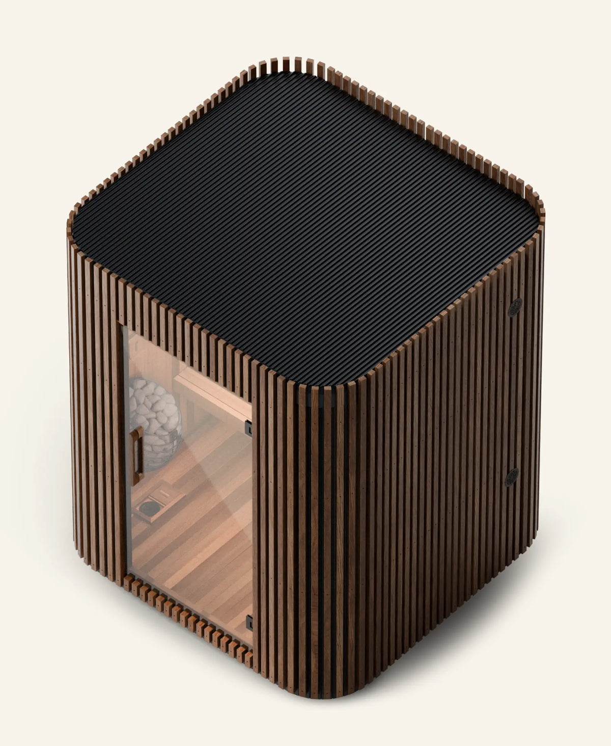 Elata 4–6 Person sauna, elevated view of the roof and exterior in Natural finish
