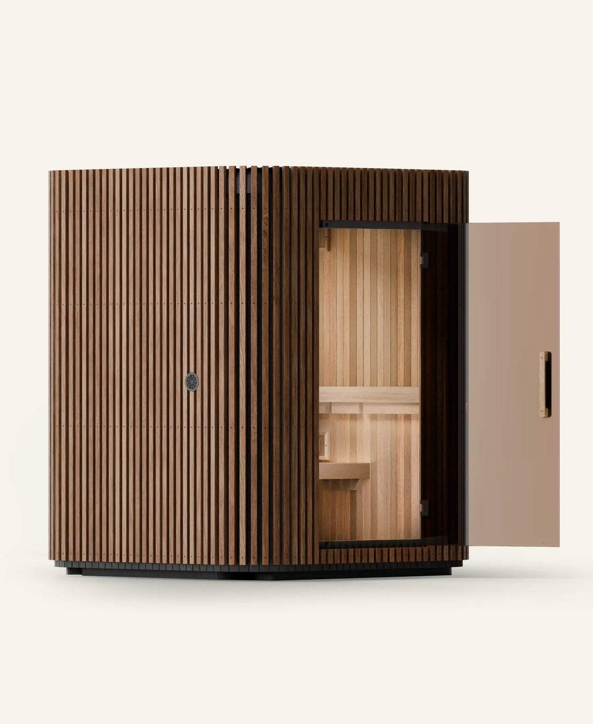 Elata 4–6 Person sauna, angled view with the door open in Natural finish