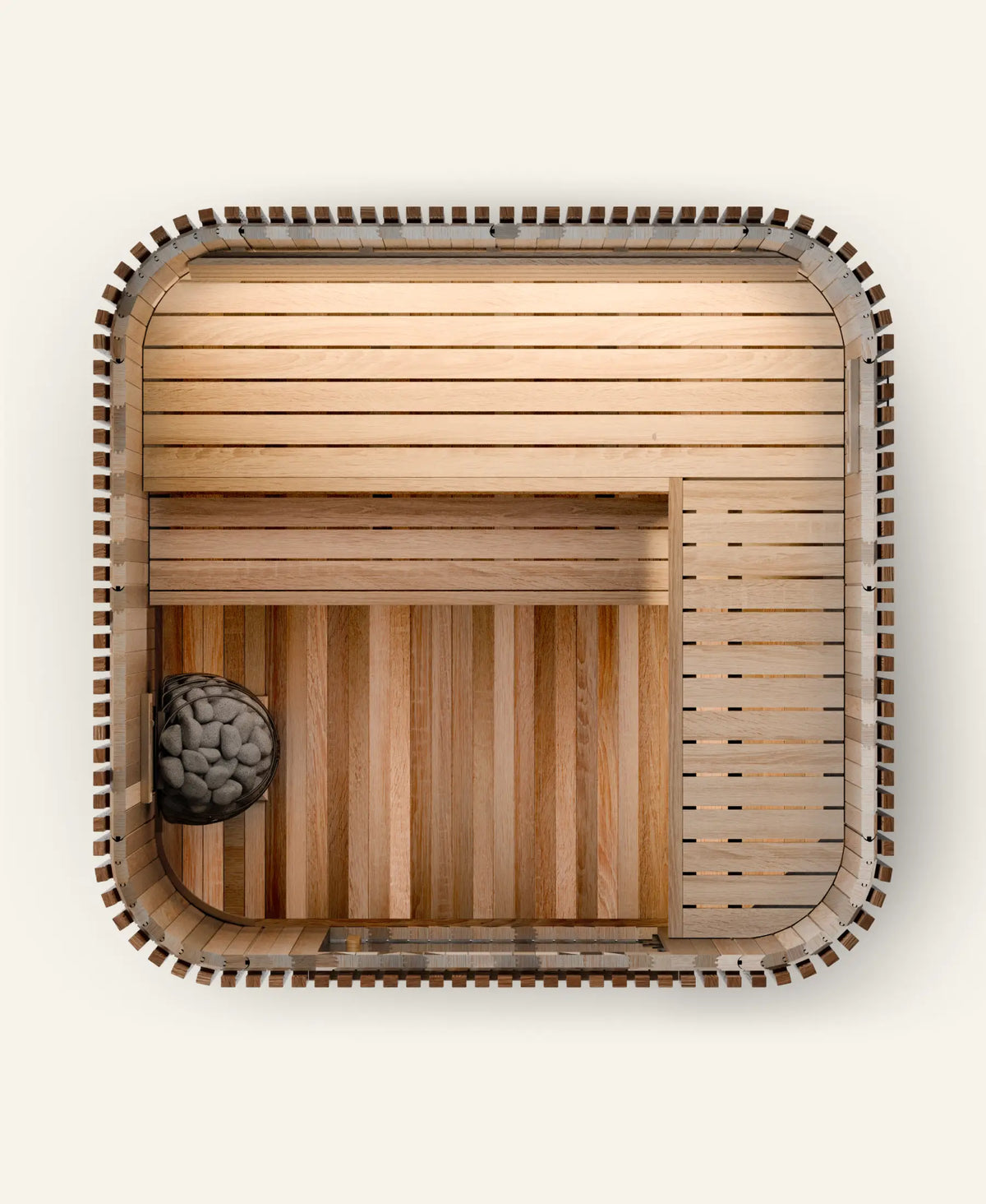 Elata 4–6 Person sauna, overhead view of the L-shaped upper bench and interior in Natural finish