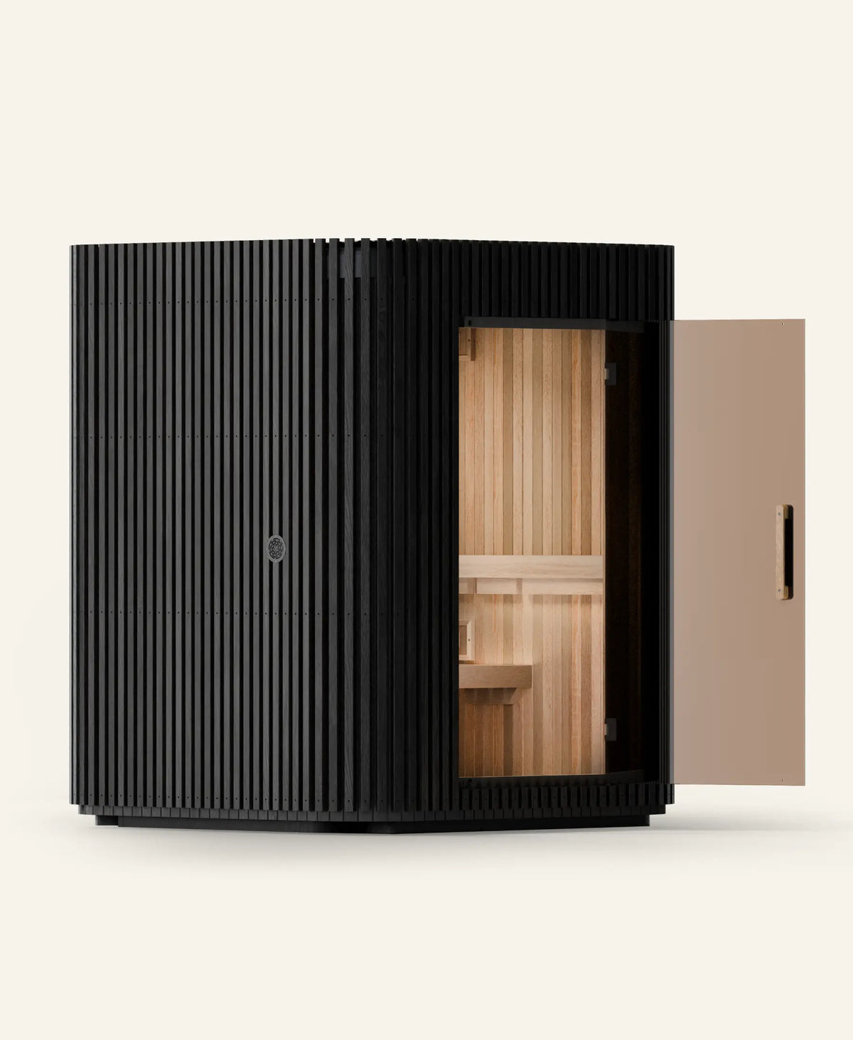 Elata 4–6 Person sauna, angled view with the door open in Ash Edition finish
